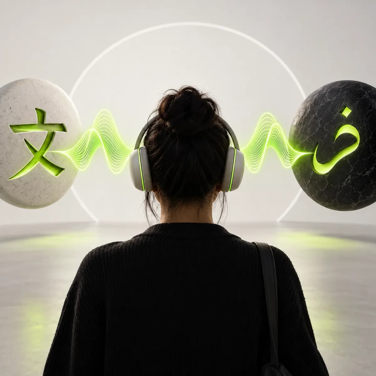 Waveform crossing between abstract language symbols representing Audio Translator