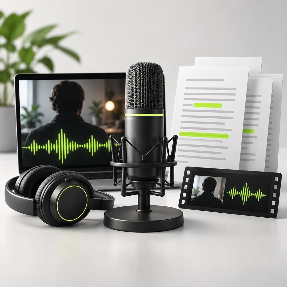Microphone, waveform and document shapes representing Audio and Video Transcription
