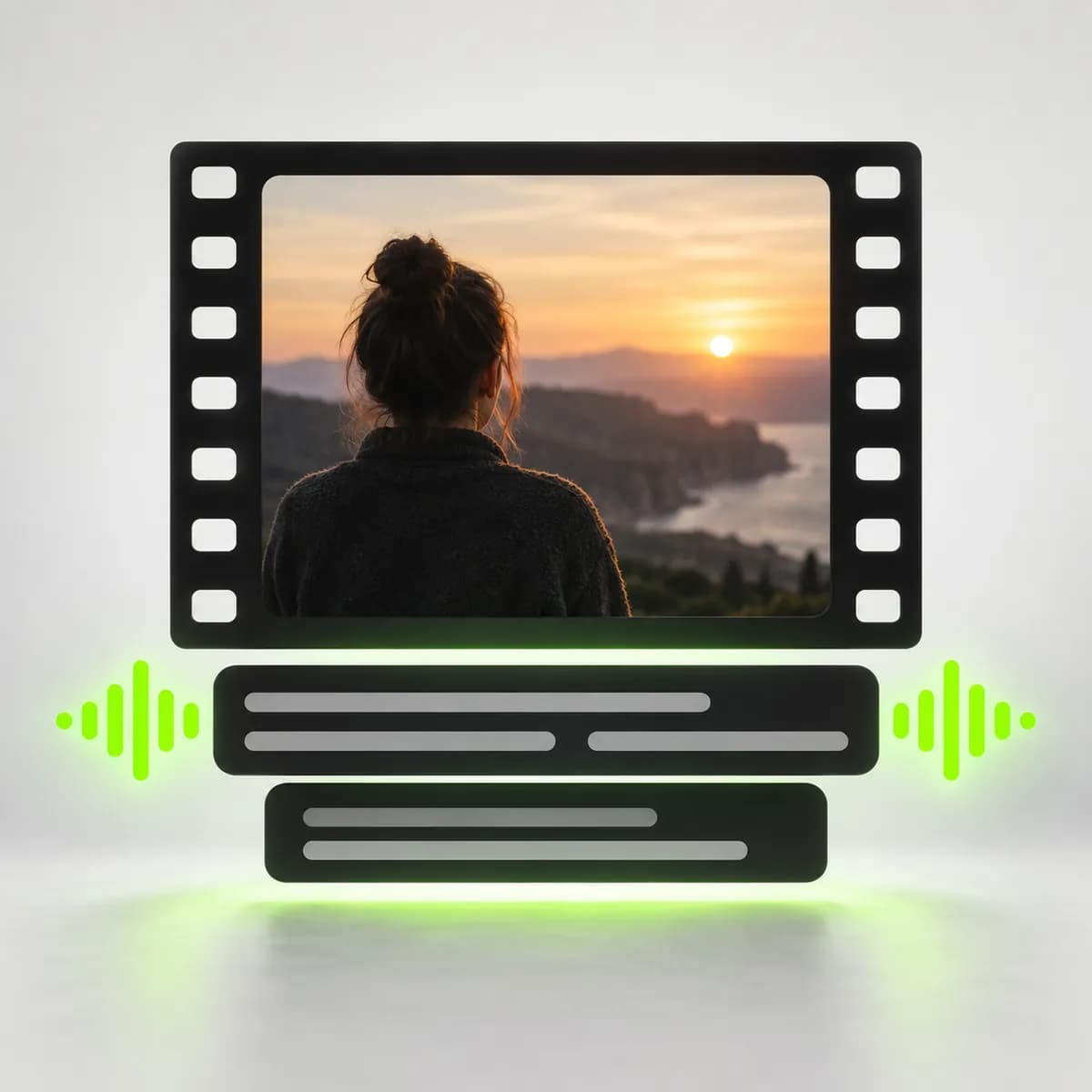 Caption bars appearing beneath a film frame representing Auto Subtitle Generator Online