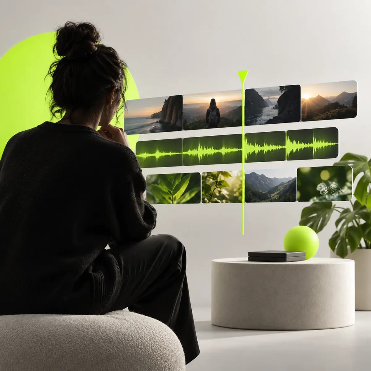 Timeline strips and an abstract person representing Auto Video Editor