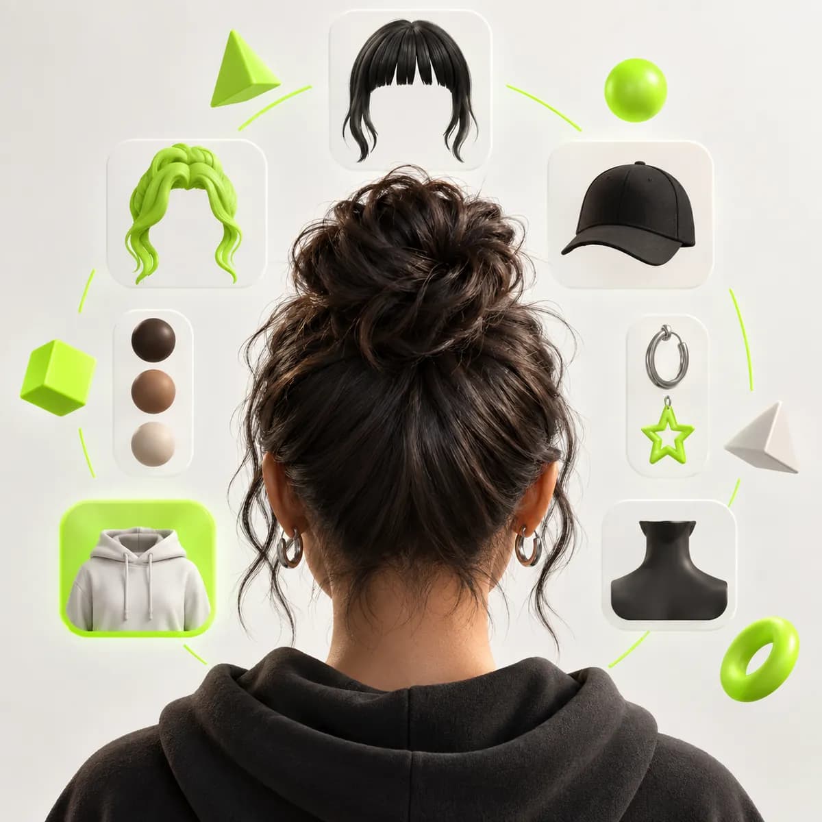 Stylized cropped avatar portrait surrounded by shape options representing Avatar Maker