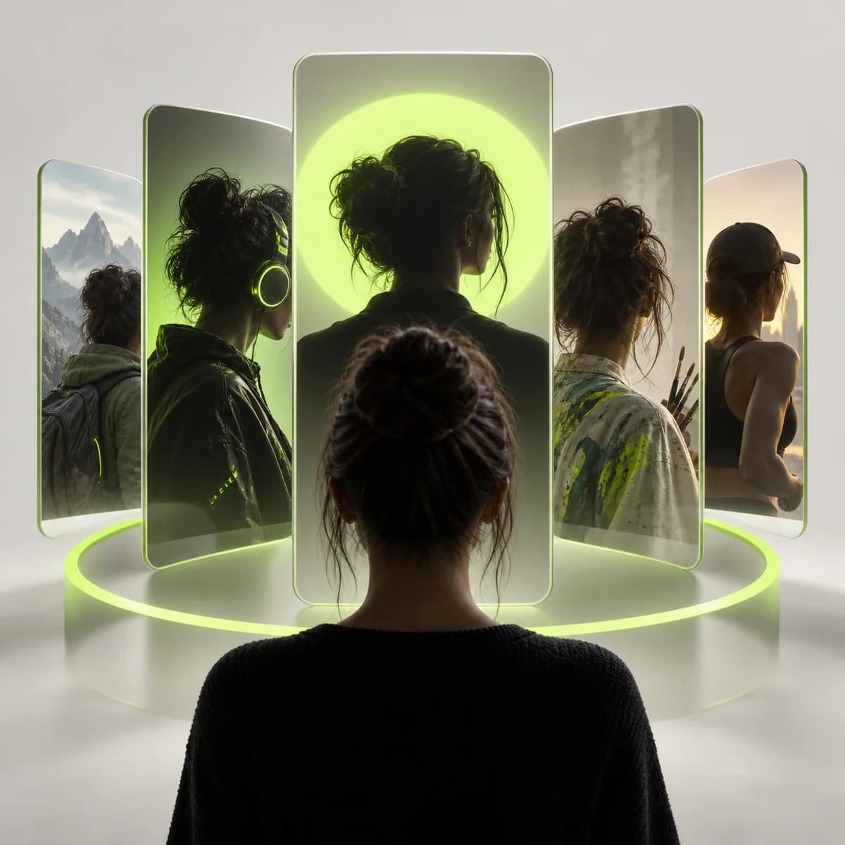 Abstract self portrait reflected in layered avatar frames representing Avatar Yourself