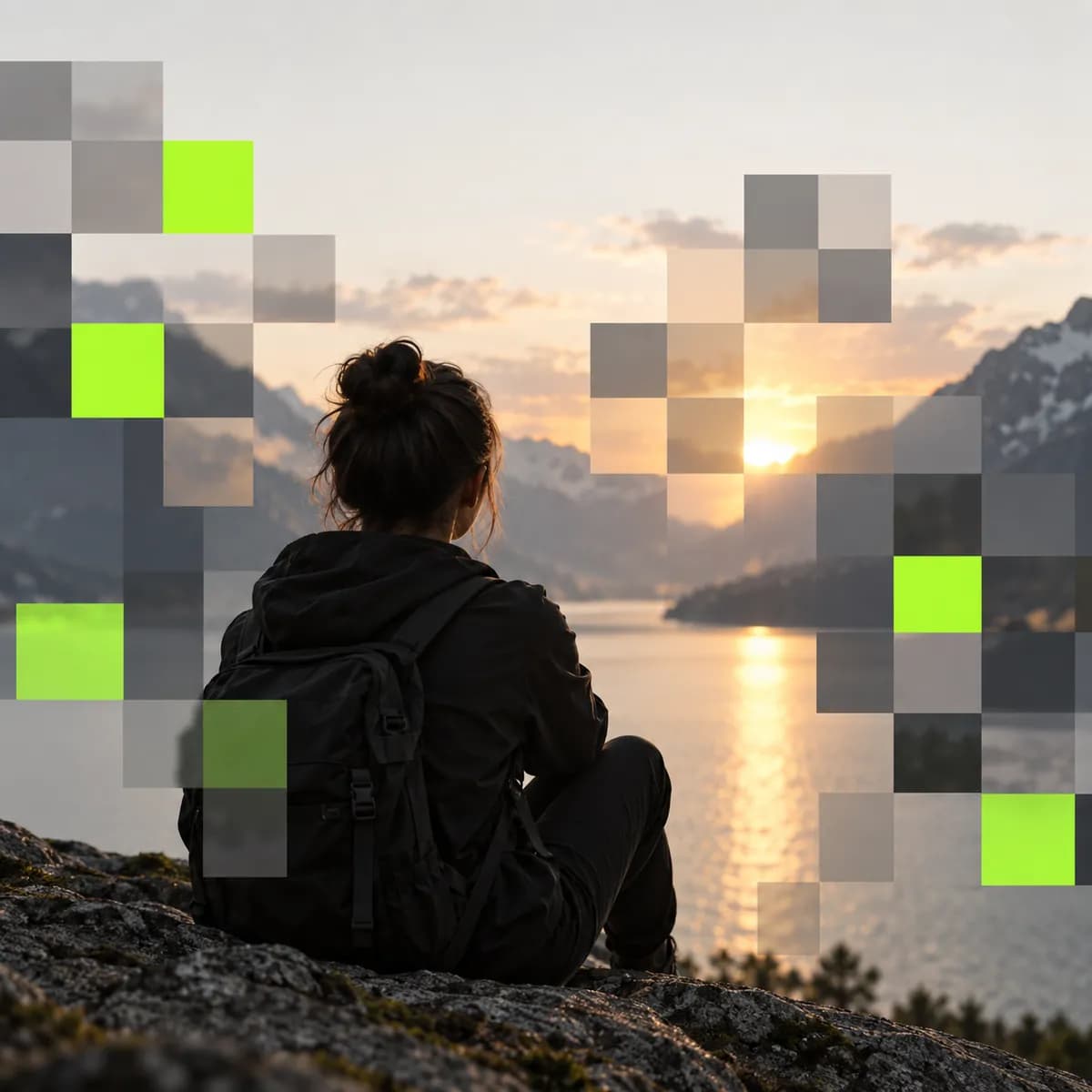 Abstract mosaic panels covering a video frame representing Censor Video