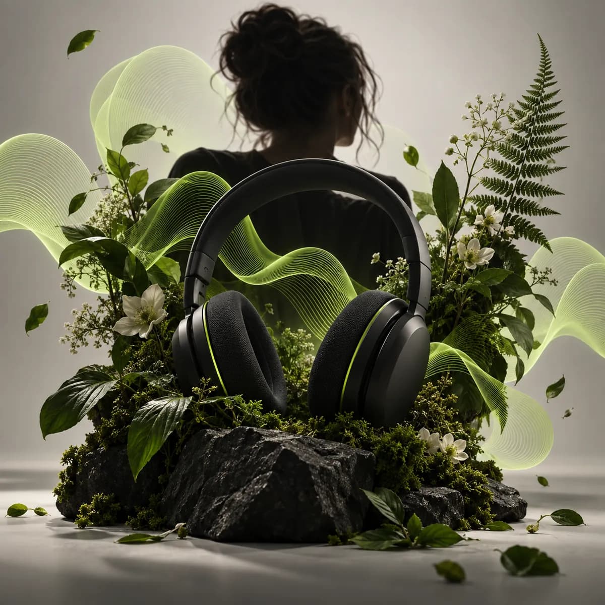 Studio headphones and organic sound shapes representing Epidemic Sound