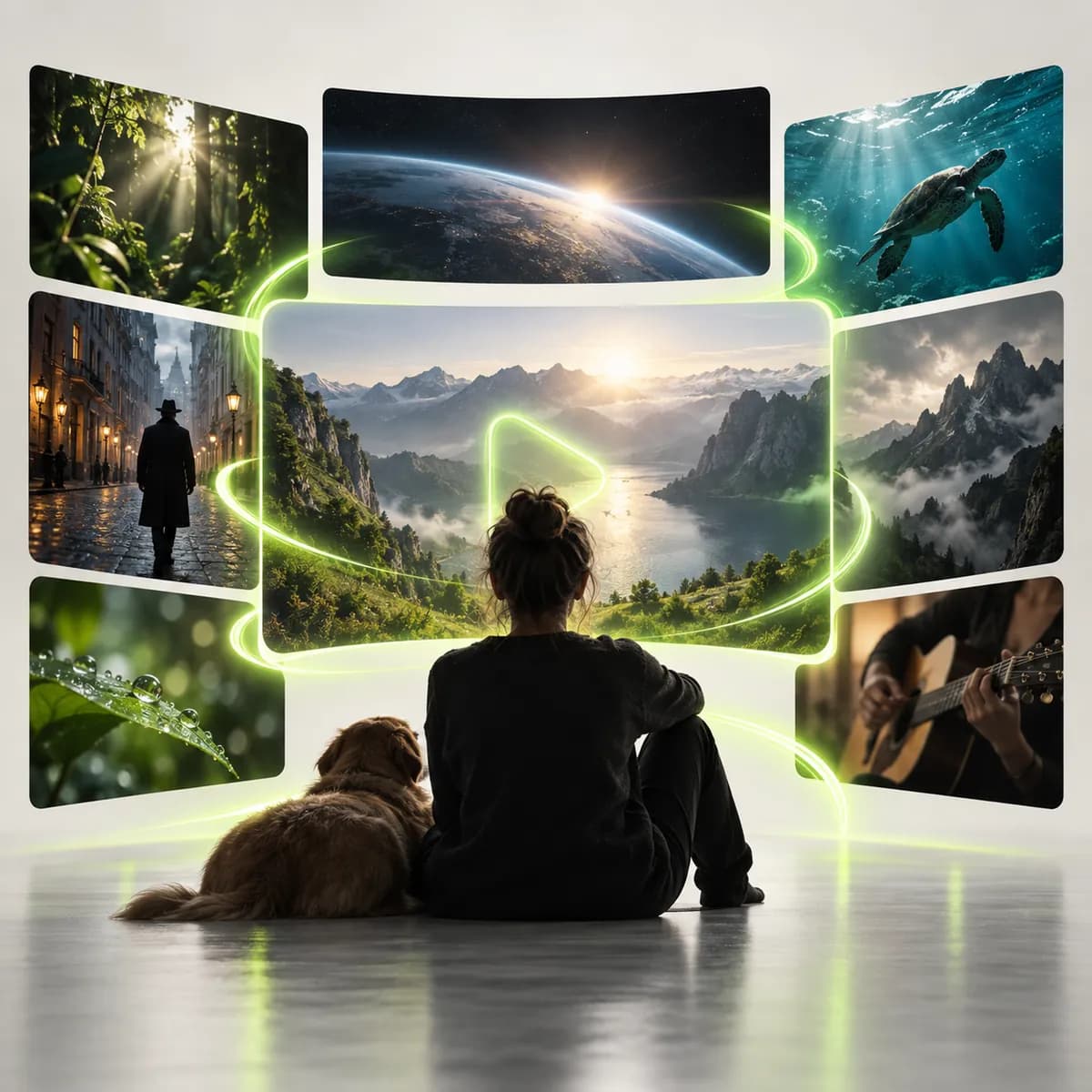 Cinematic scene tiles assembled by artificial intelligence representing Free AI Video Generator