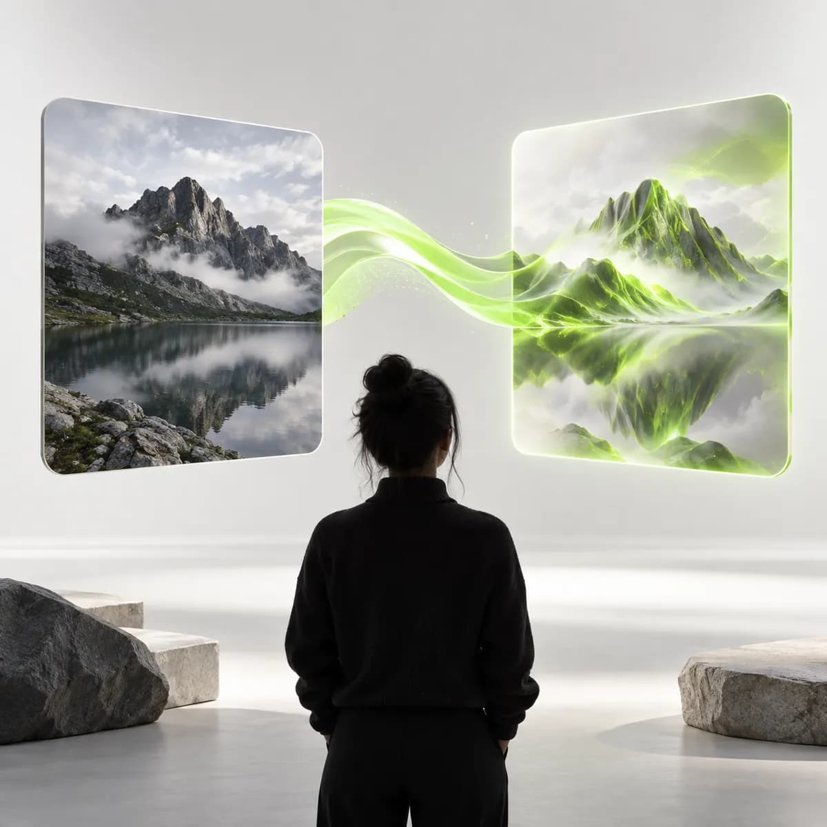 Two related abstract image frames representing Image to Image AI
