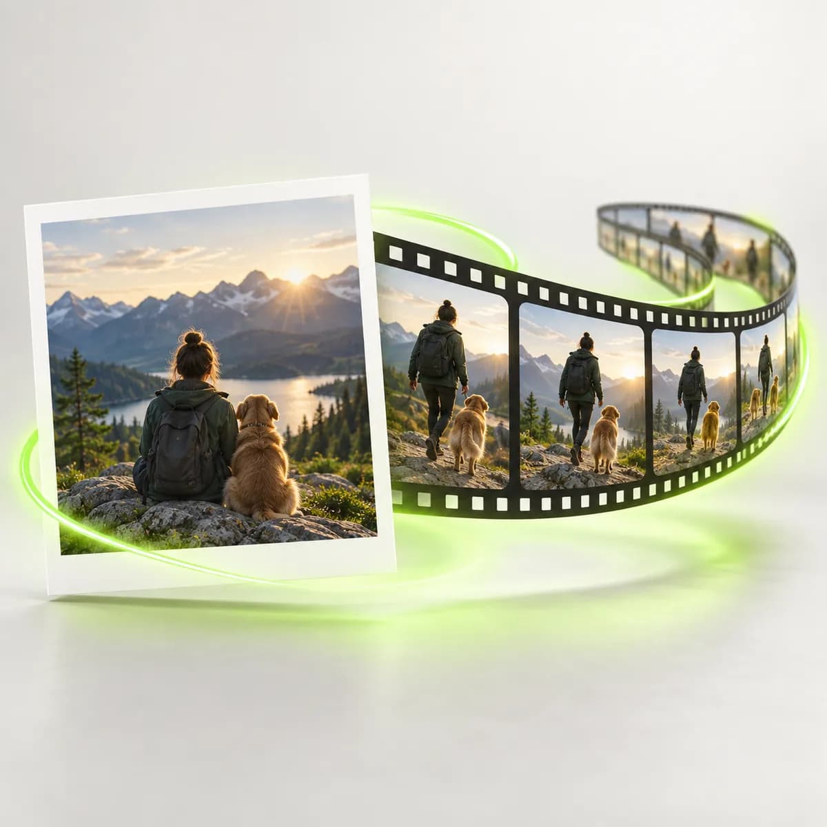 Still photograph unfolding into film frames representing Image to Video AI