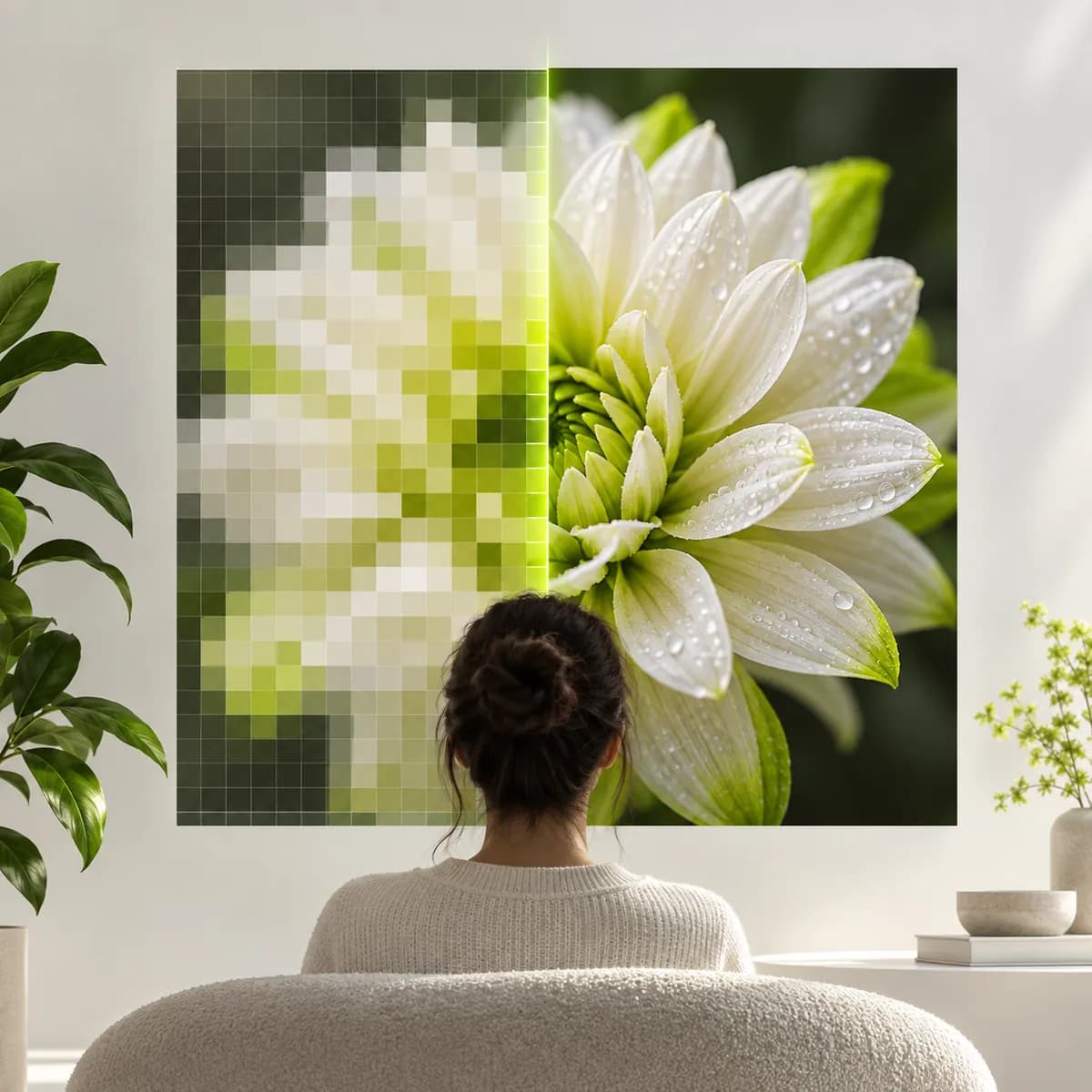 Pixel grid becoming crisp and detailed representing Image Upscaler