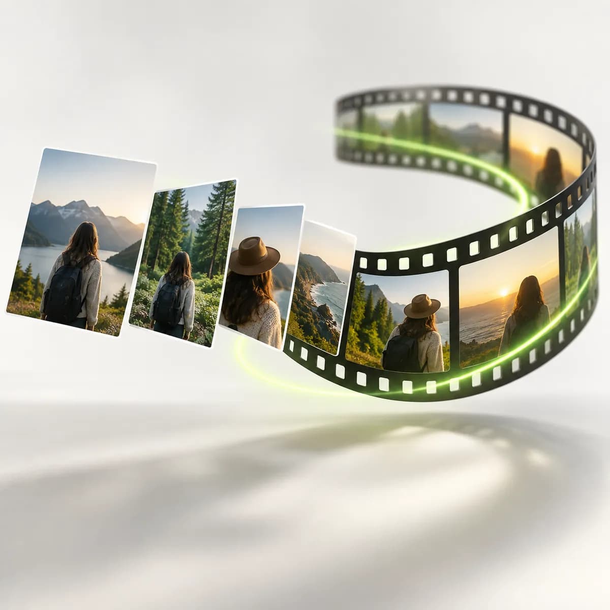 Photo cards arranged into a moving film strip representing Images to Video