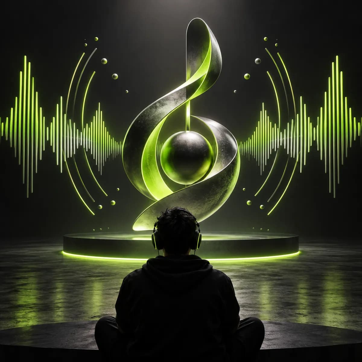Colorful sound waves surrounding a musical abstract form