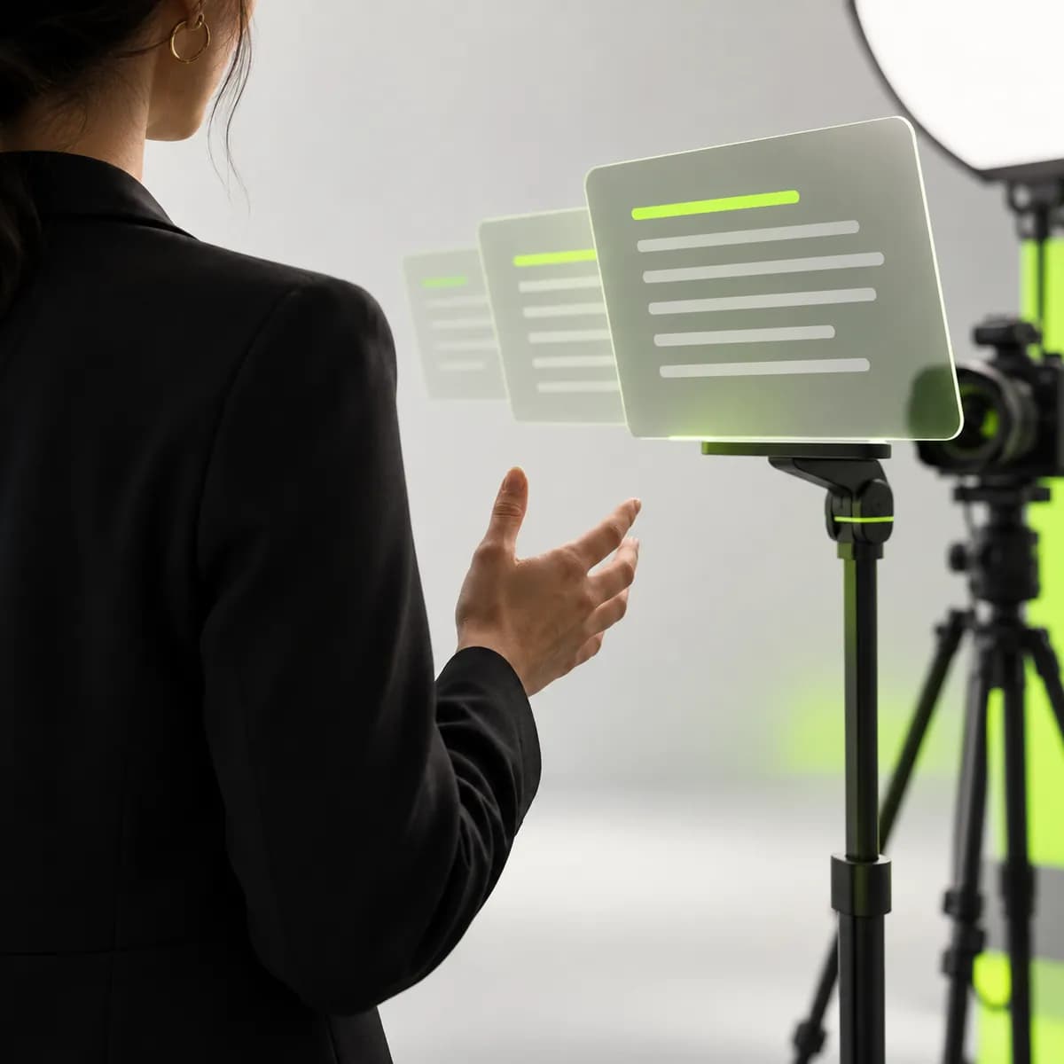 Cropped presenter silhouette and floating script cards representing Online Teleprompter