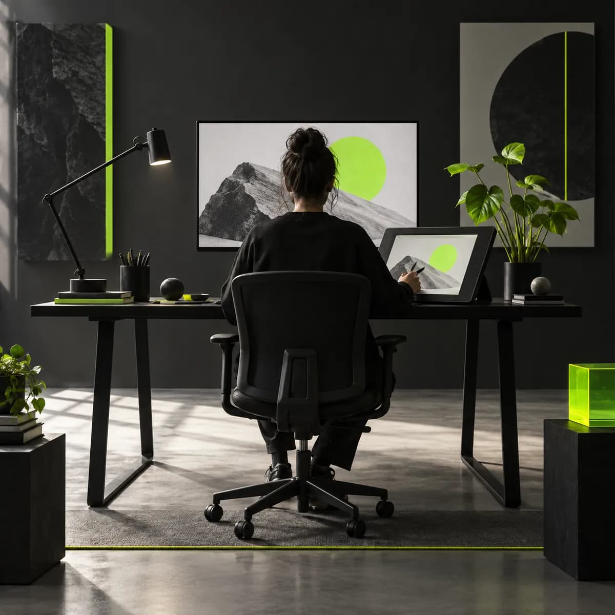 Minimal dark creative workspace representing Open Studio