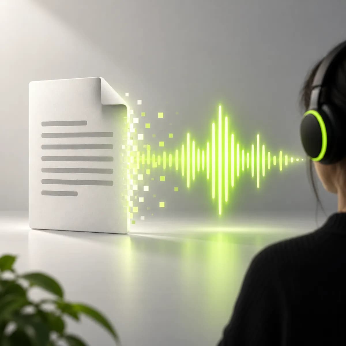 Document sheet transforming into a waveform representing PDF to Audio