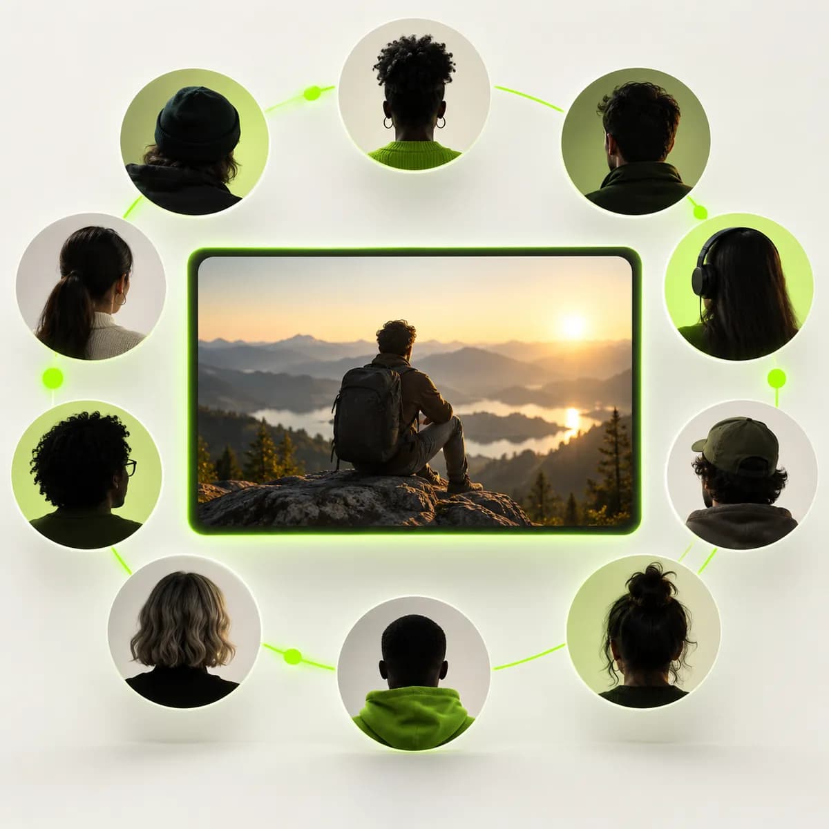 Video frame surrounded by audience profile shapes representing Personalized Video Platform