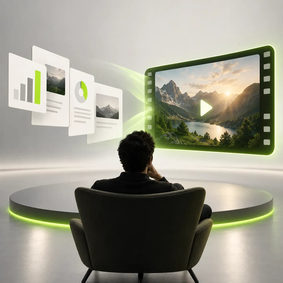 Presentation cards becoming a cinematic frame representing PPT to Video