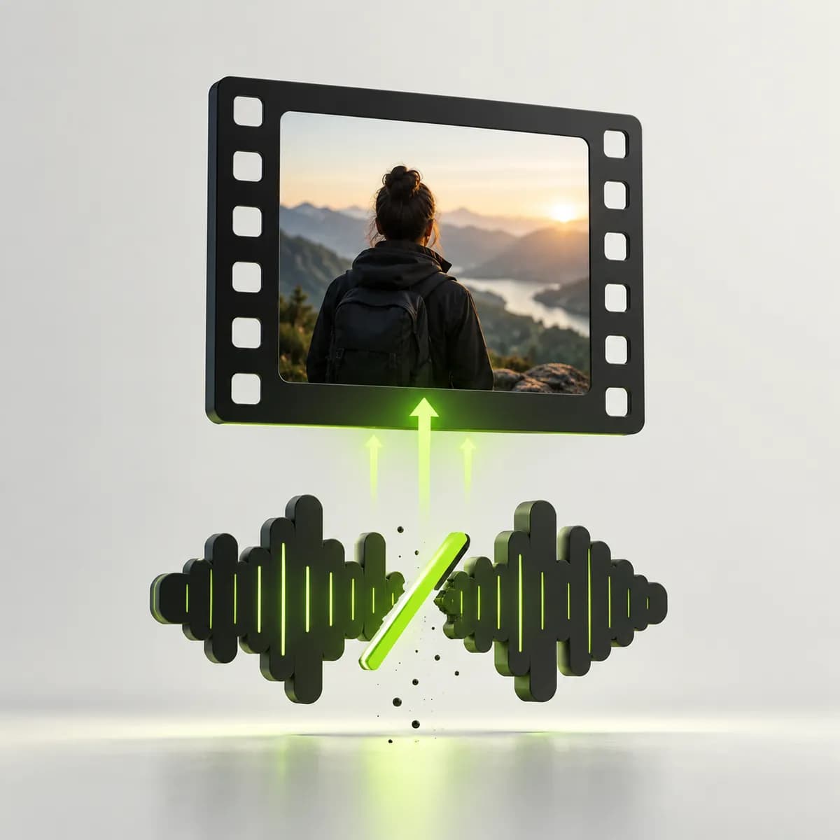 Film frame separating from a muted waveform representing Remove Audio From Video