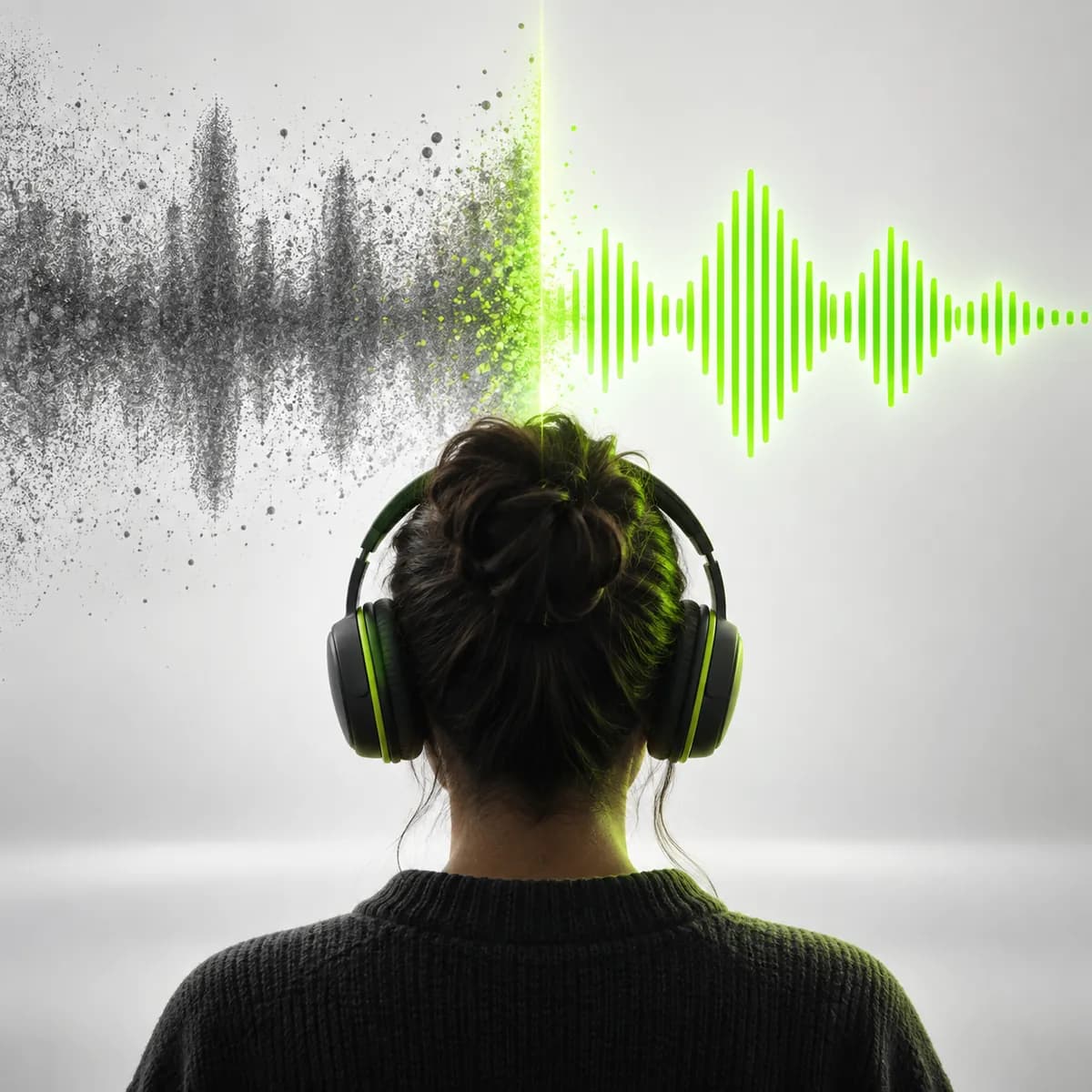 Clear waveform emerging from noisy sound texture representing Remove Background Noise from Audio