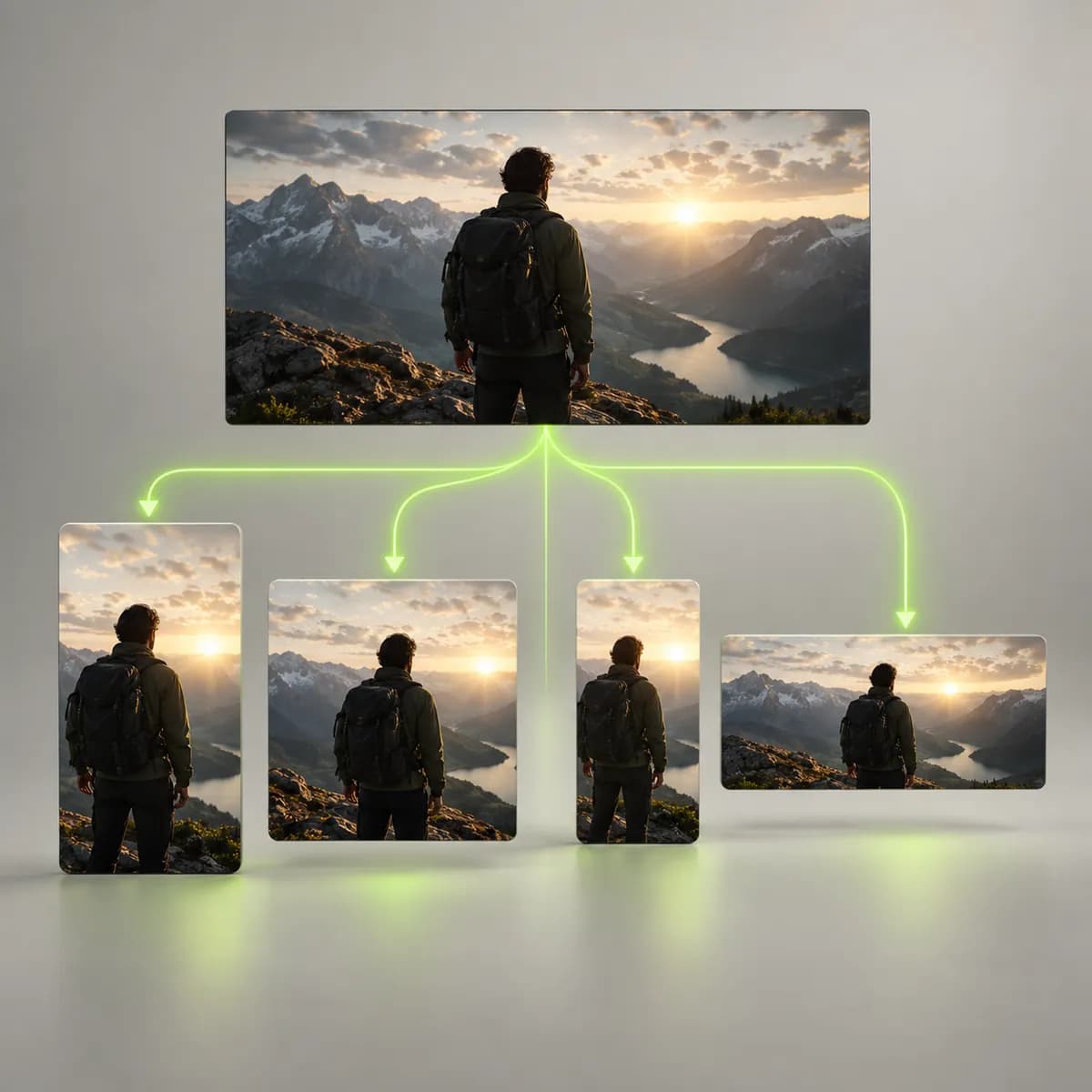 One film frame branching into multiple aspect ratios representing Repurpose Video