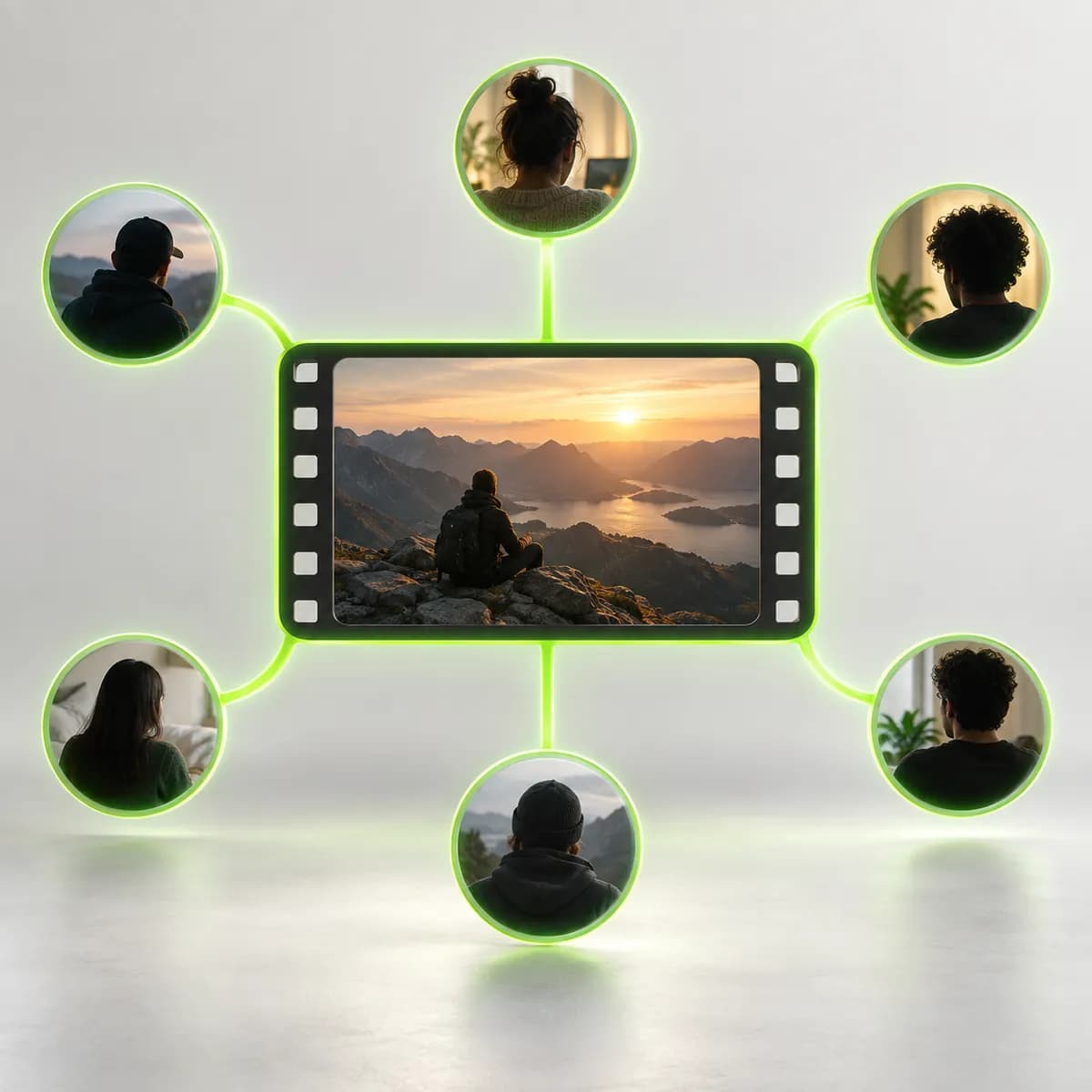 Film frame connected to several rounded nodes representing Share Video
