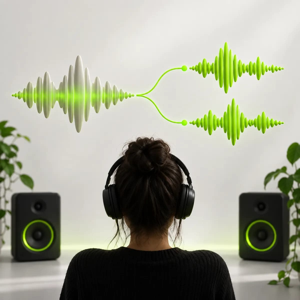 One waveform splitting into two clean tracks representing Split Audio