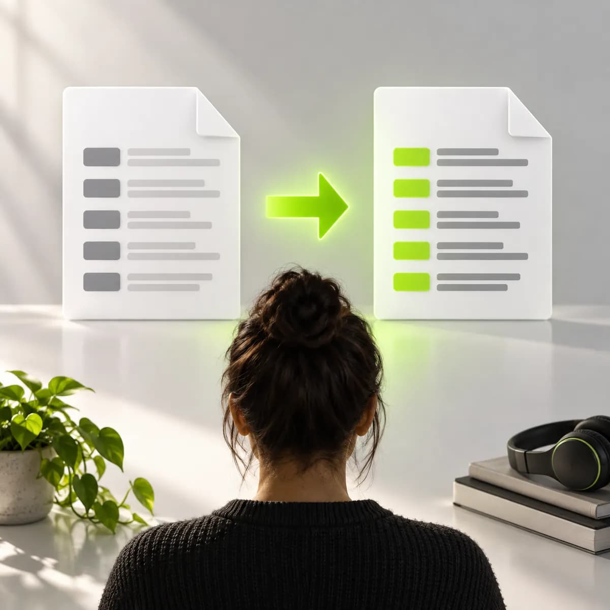 Two caption document sheets joined by an arrow representing Subtitle Converter