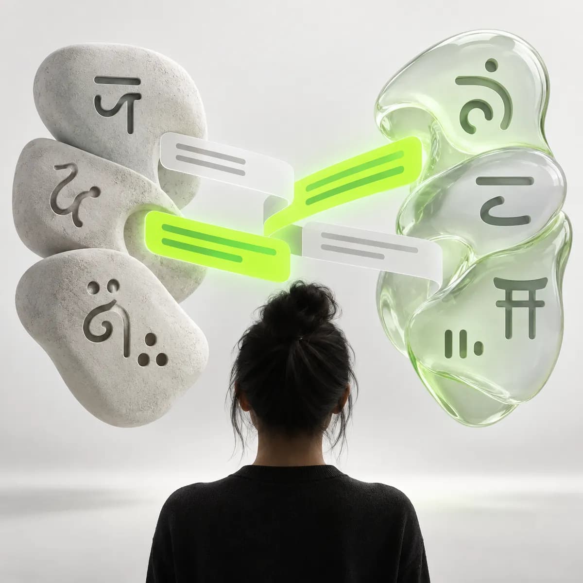 Caption bars crossing between abstract language forms representing Subtitle Translator
