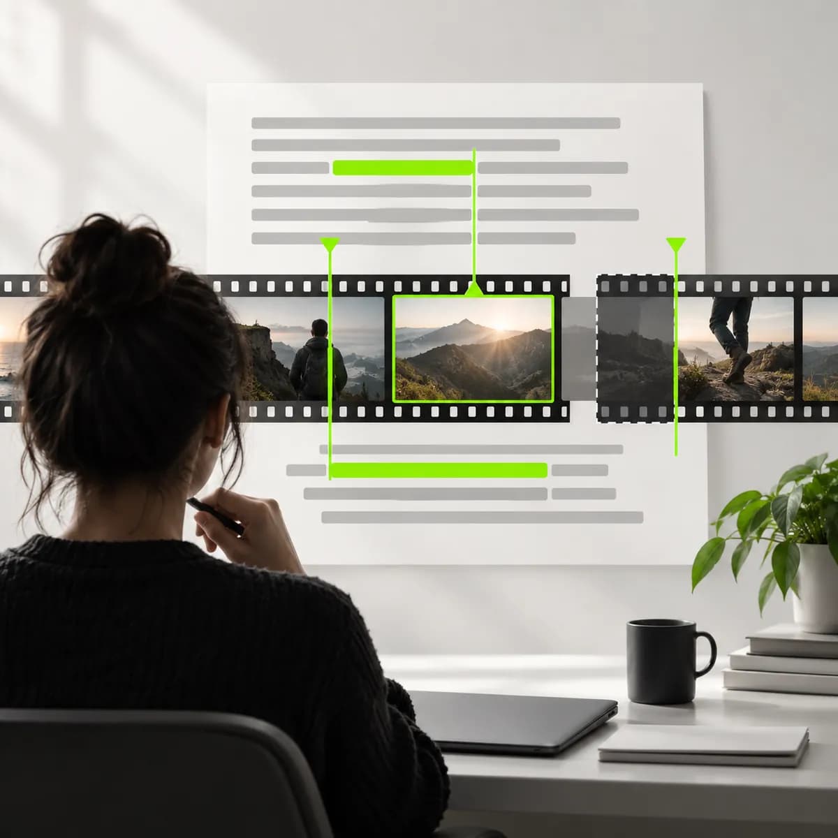Film strip and abstract document lines representing Text Based Video Editing