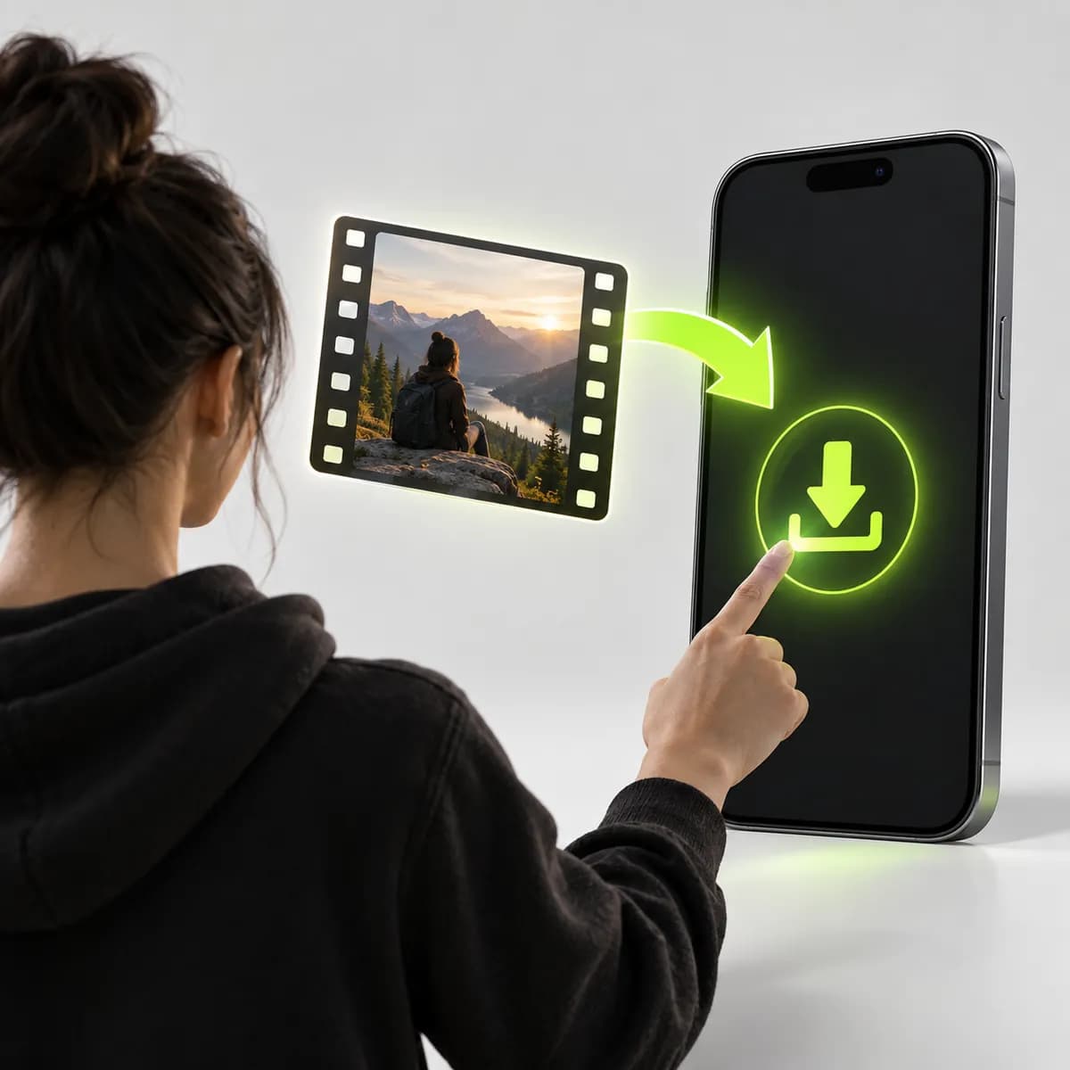 Smartphone and downloadable film frame representing TikTok Downloader