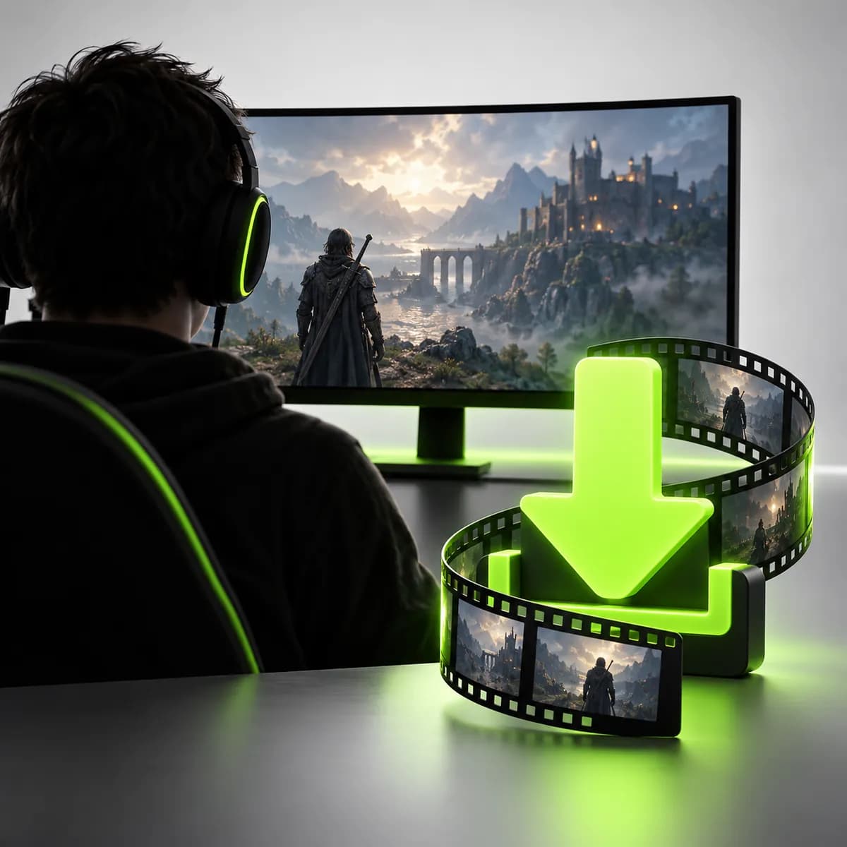 Streaming screen and download arrow representing Twitch Downloader