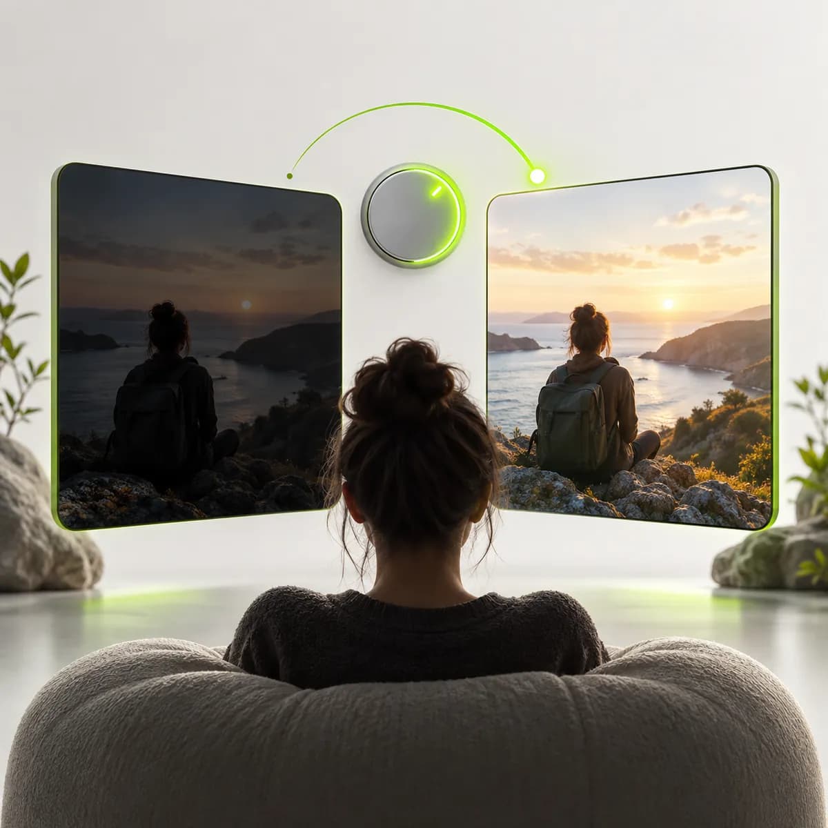 Two cinematic frames shifting from dim to bright representing Video Brightness Editor