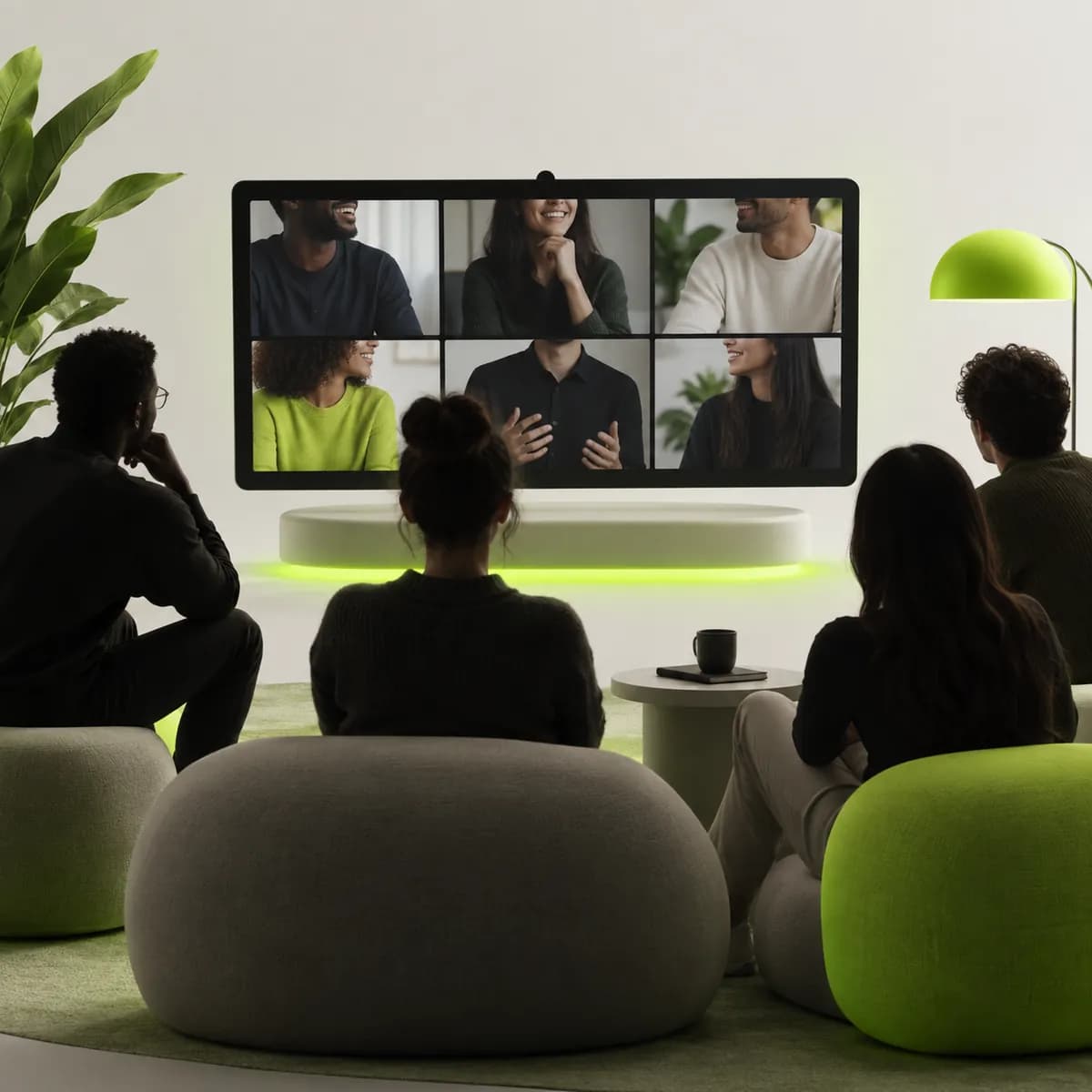 Several abstract profile shapes gathered around a film frame representing Video Collaboration