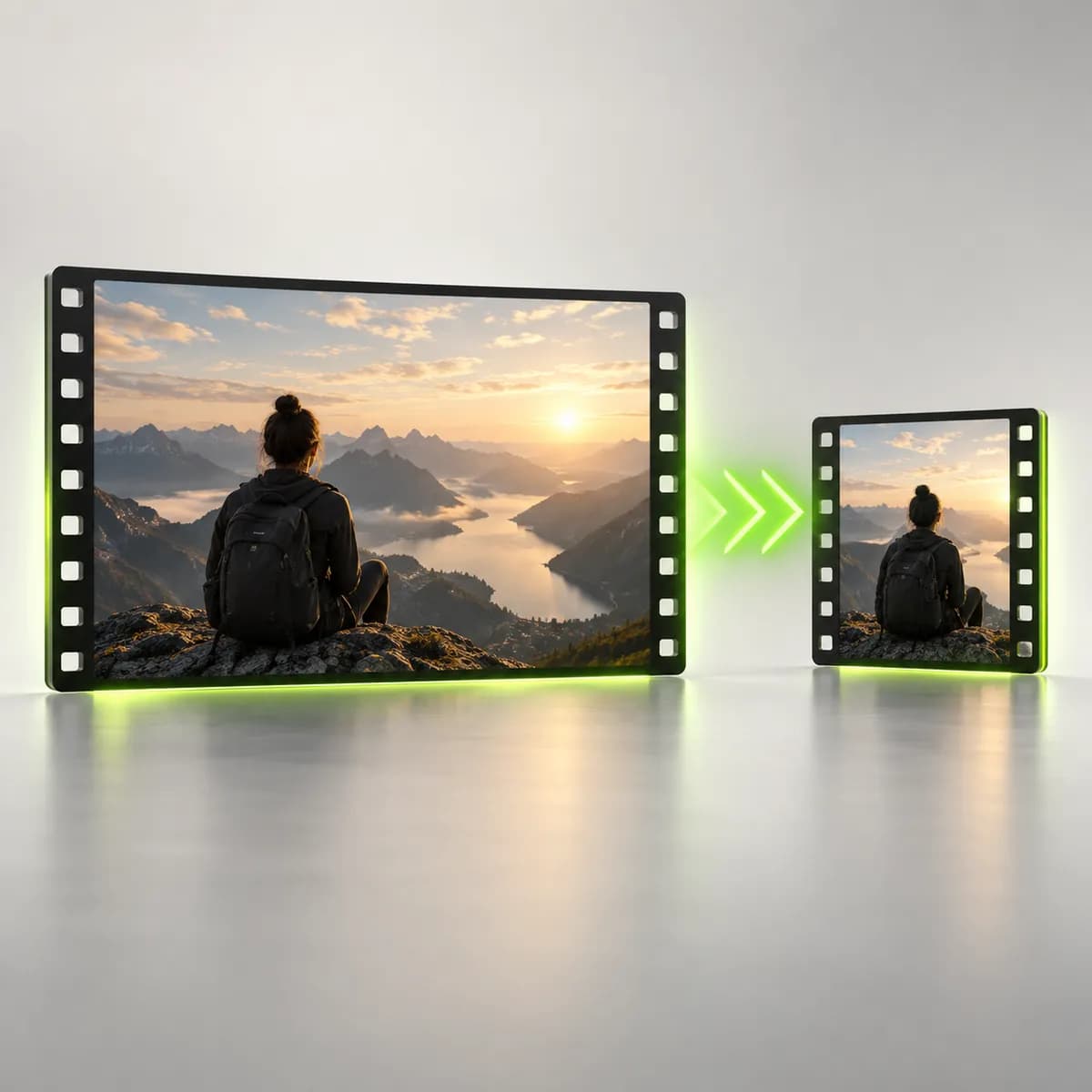 Large film frame compressing into a compact frame representing Video Compressor