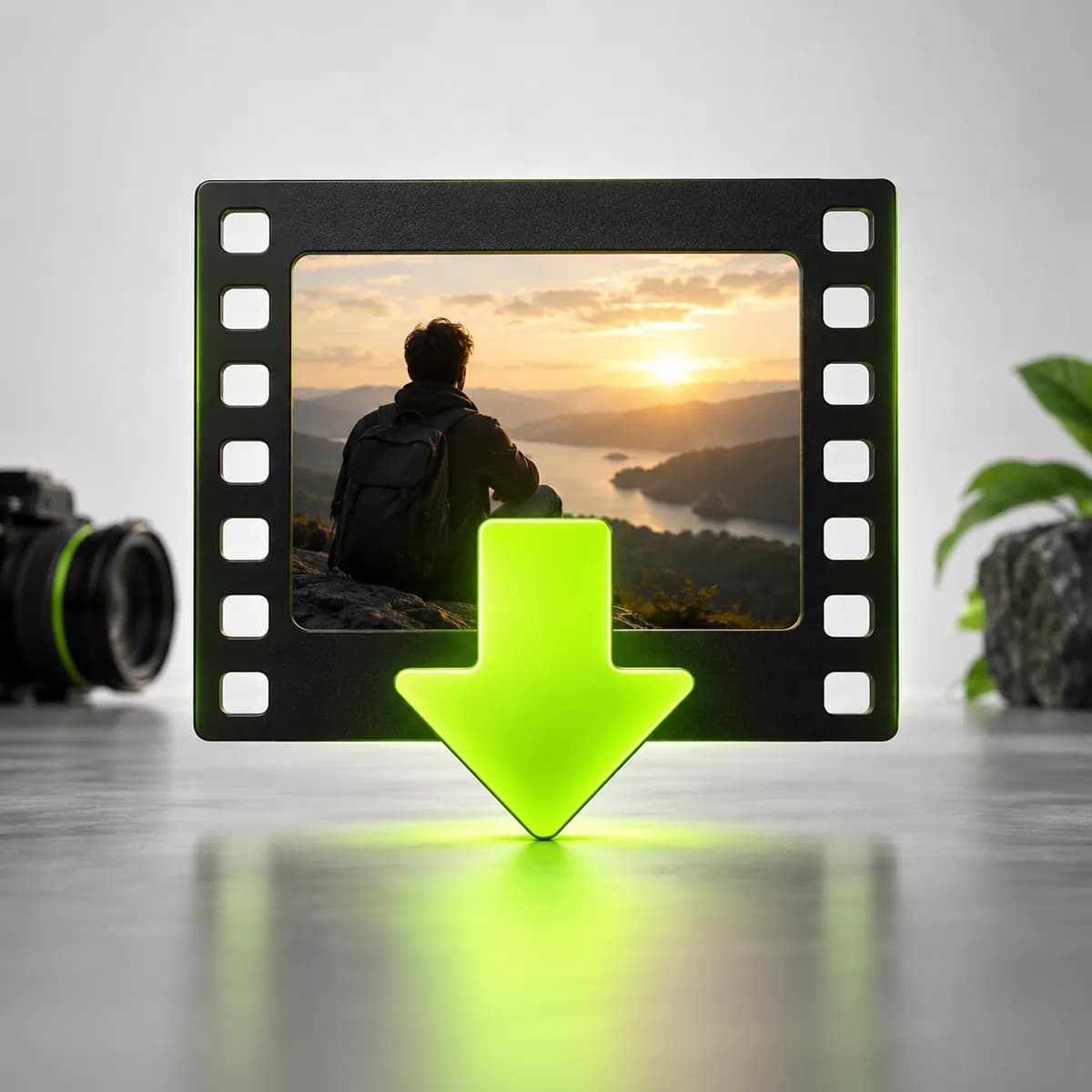 Film frame and downward arrow representing Video Downloader