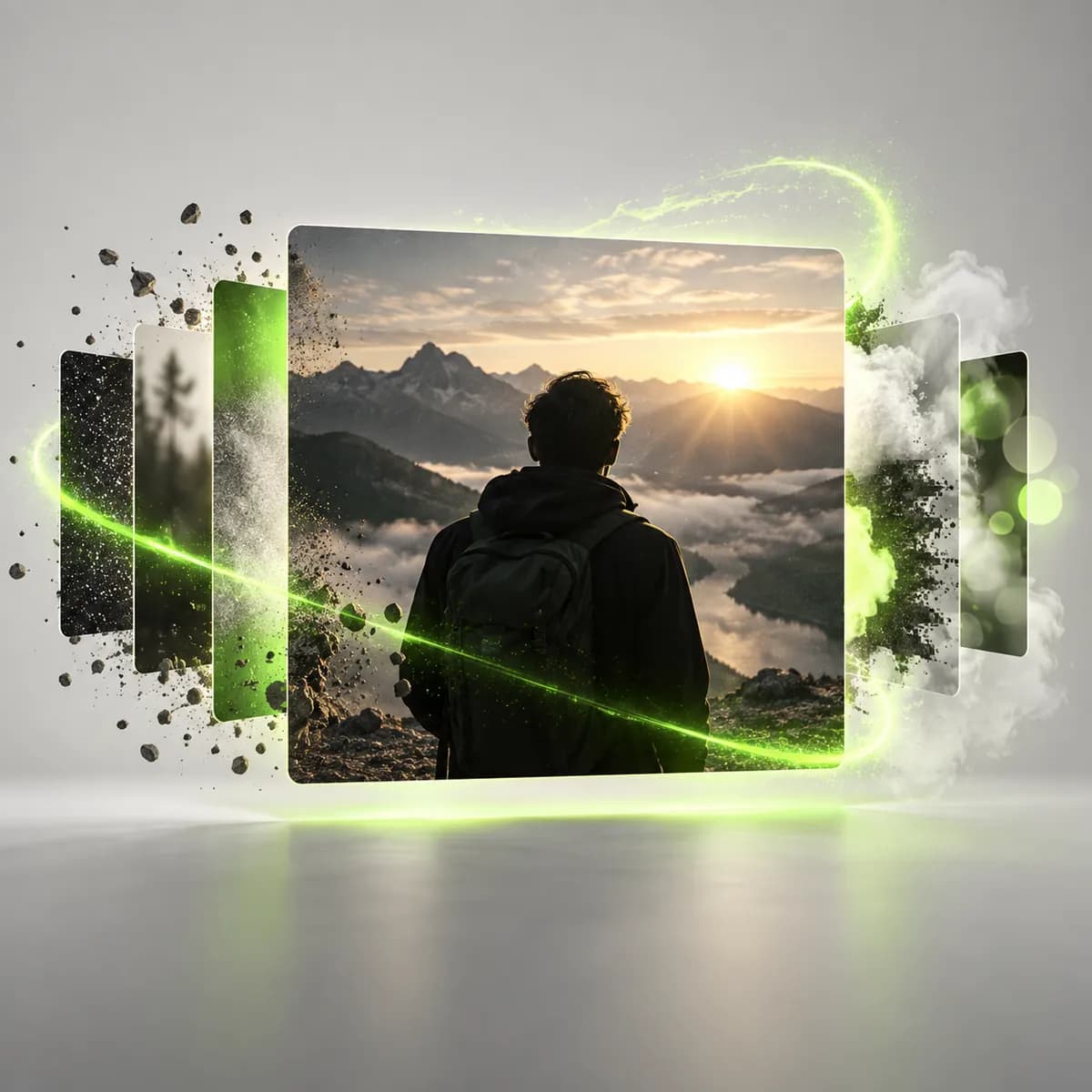 Cinematic frame surrounded by abstract effect particles representing Video Editor Effects