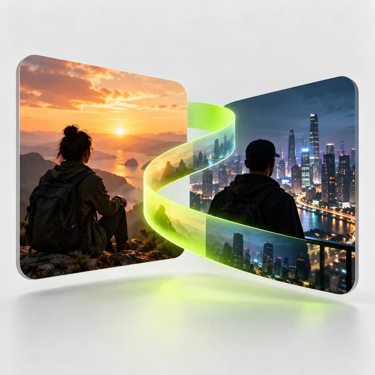 Two colorful scene frames connected by a sweeping transition ribbon