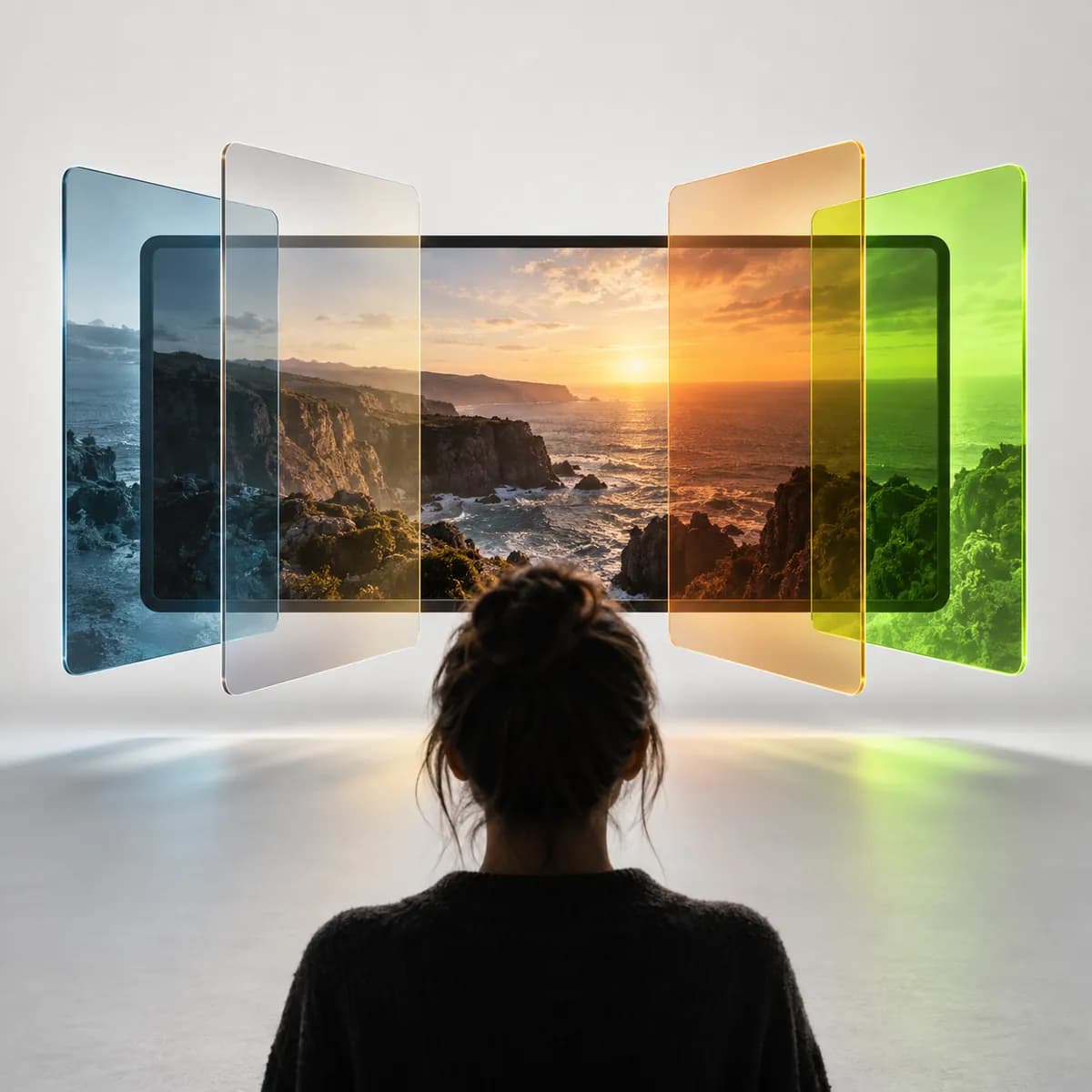 Layered color panels over a cinematic frame representing Video Filters