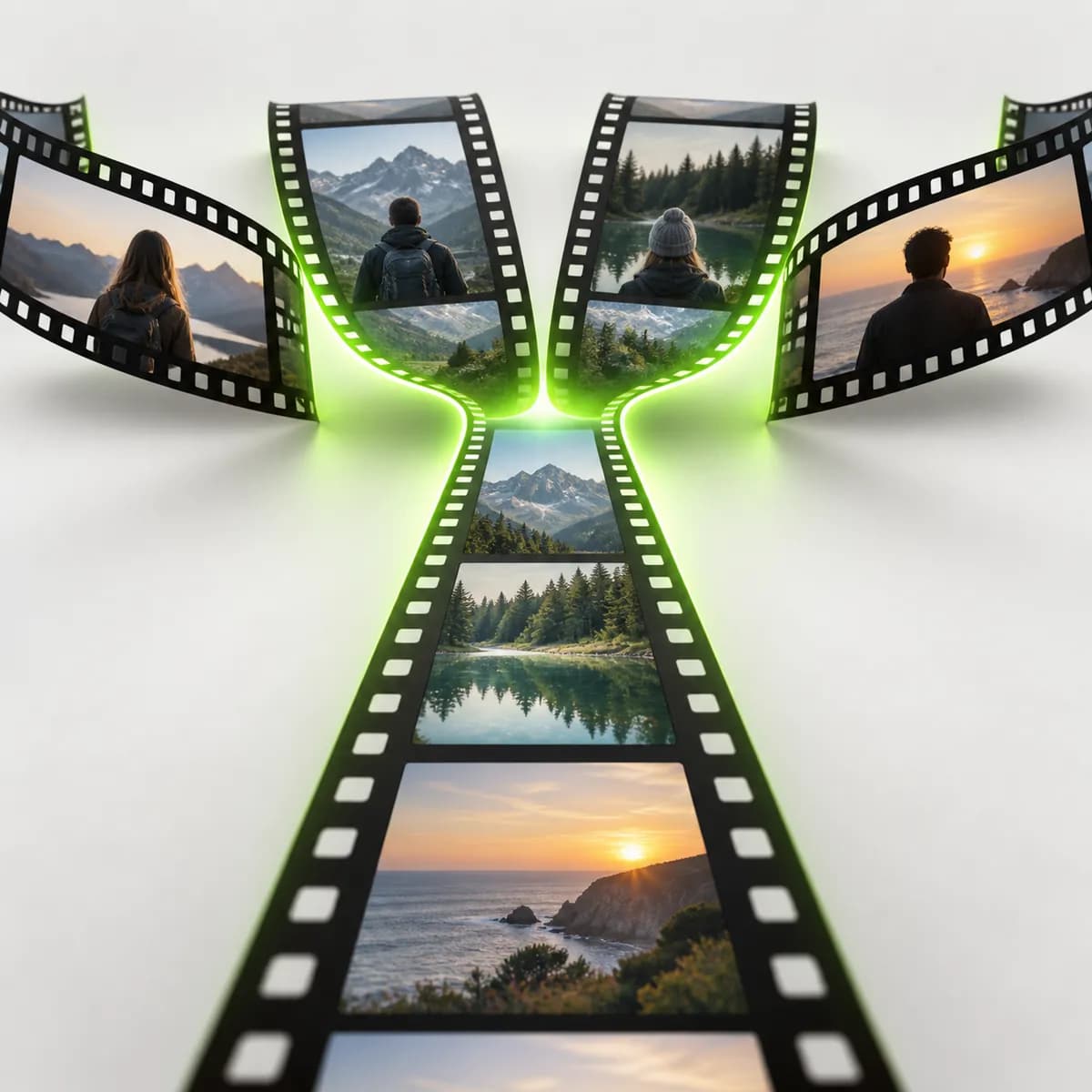 Several film frames joining into one continuous strip representing Video Joiner