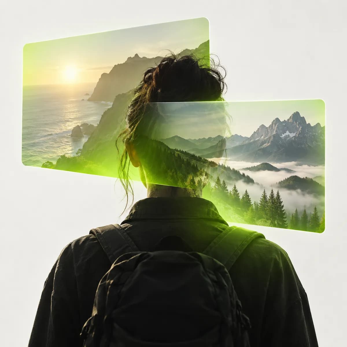 Two translucent cinematic frames layered together representing Video Overlay Online