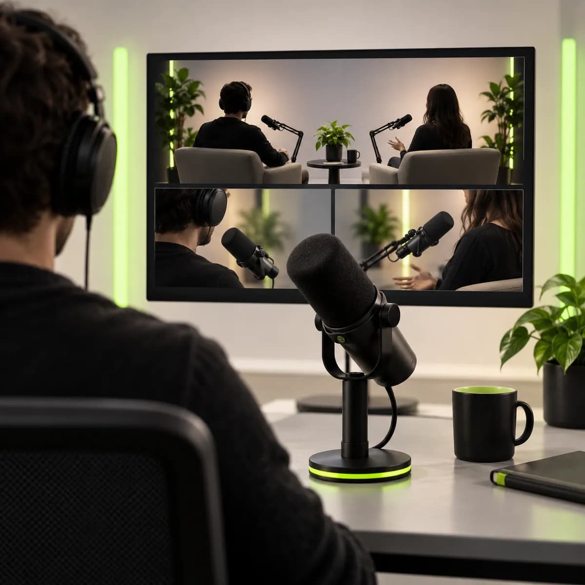 Microphone and multi-frame recording layout representing Video Podcast