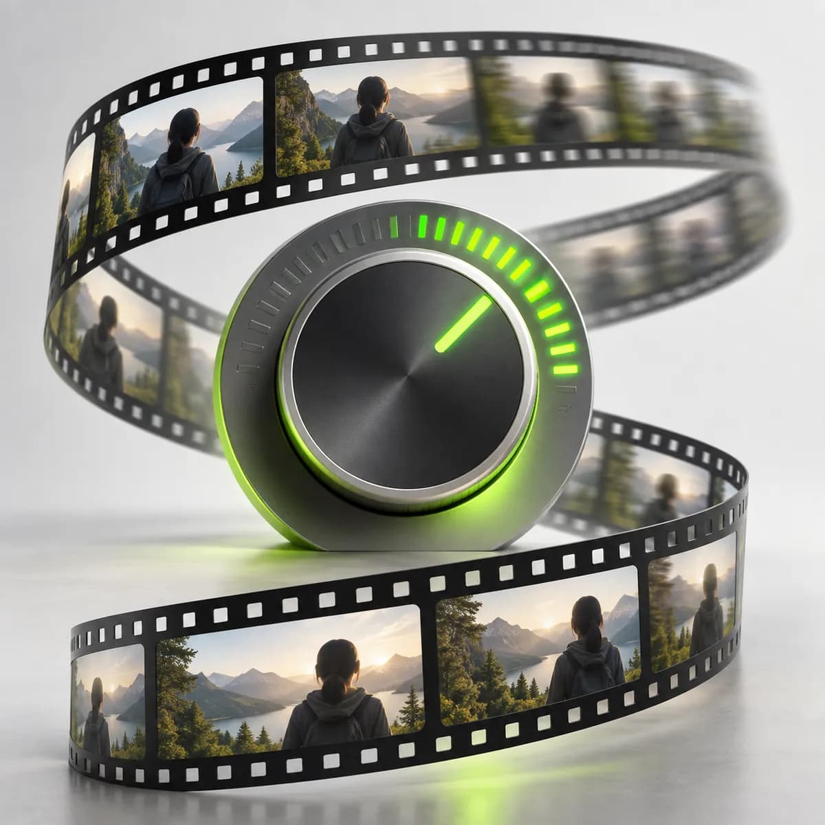 Film strip bending around a speed dial representing Video Speed Controller