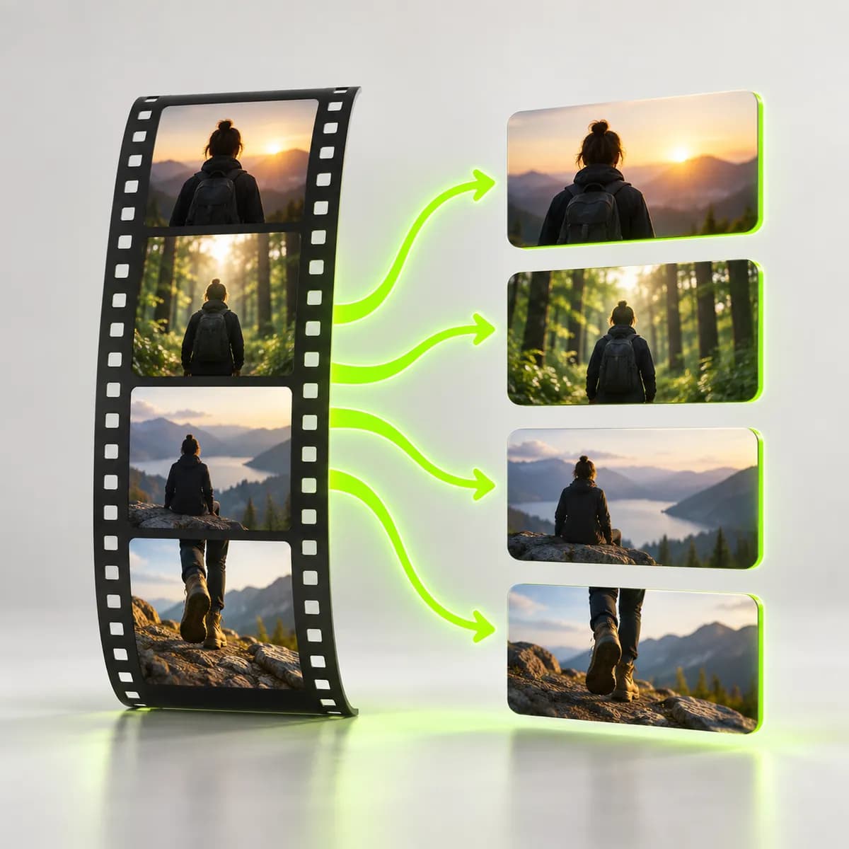 Film strip dividing into separate scene cards representing Video Splitter