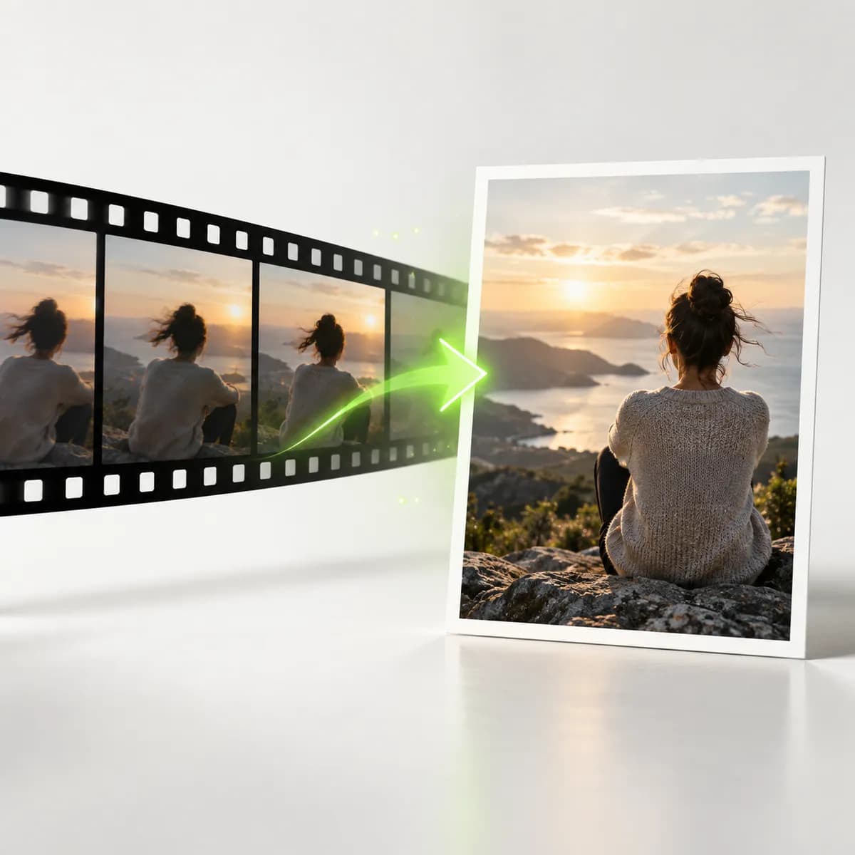 Cinematic frame becoming a still photograph representing Video to Photo
