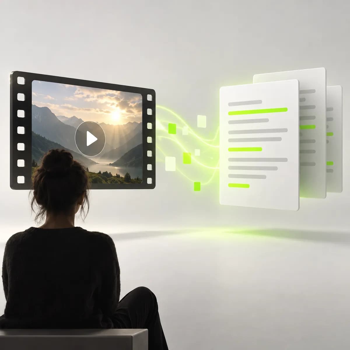 Film frame transforming into clean document shapes representing Video to Text