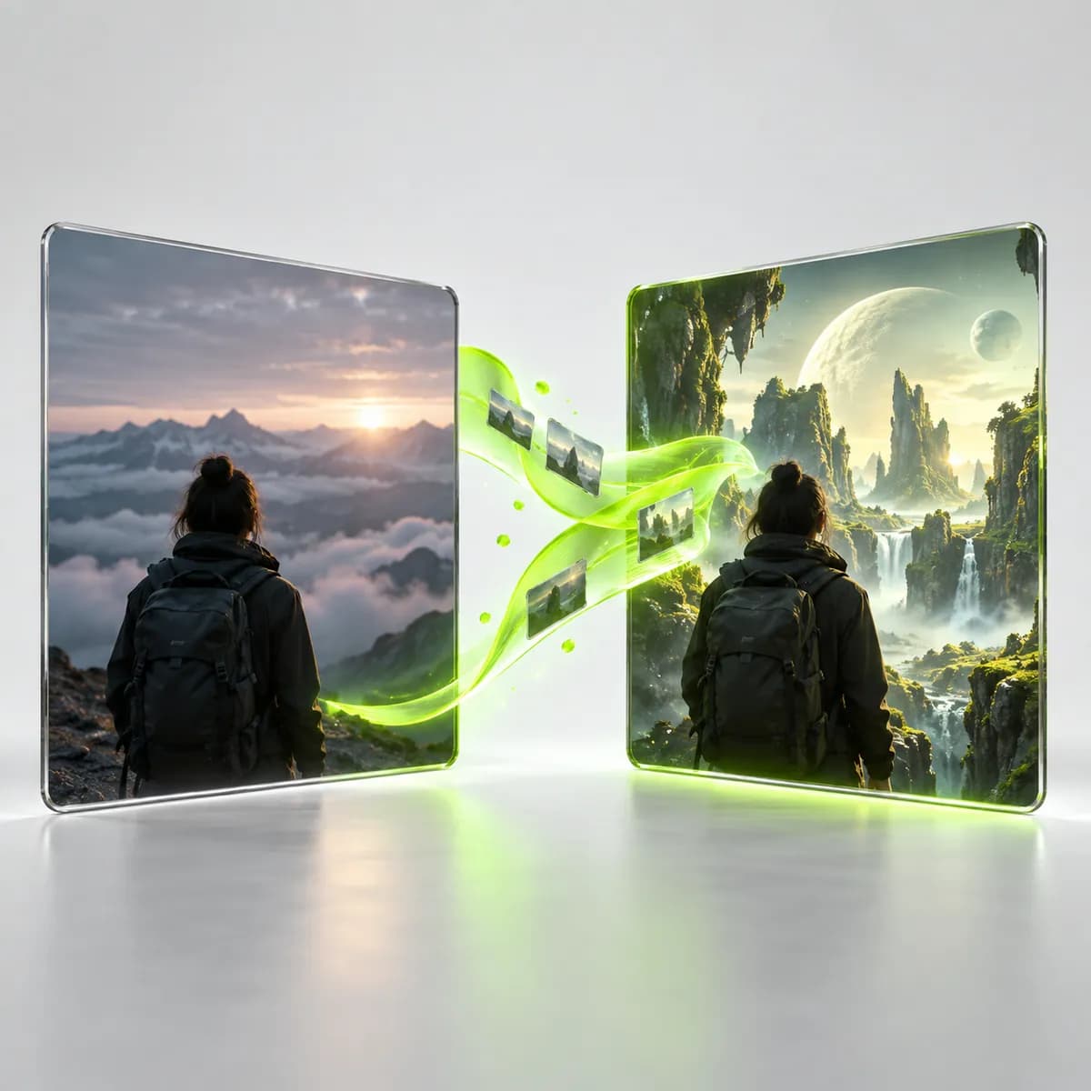 Two cinematic frames connected by an artificial transformation ribbon