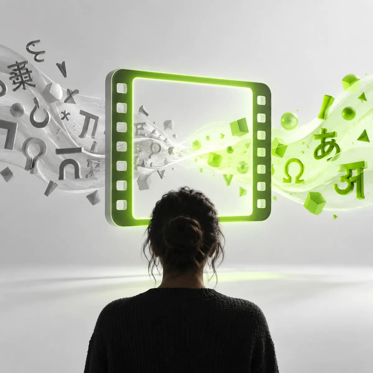 Film frame crossing between abstract language symbols representing Video Translator