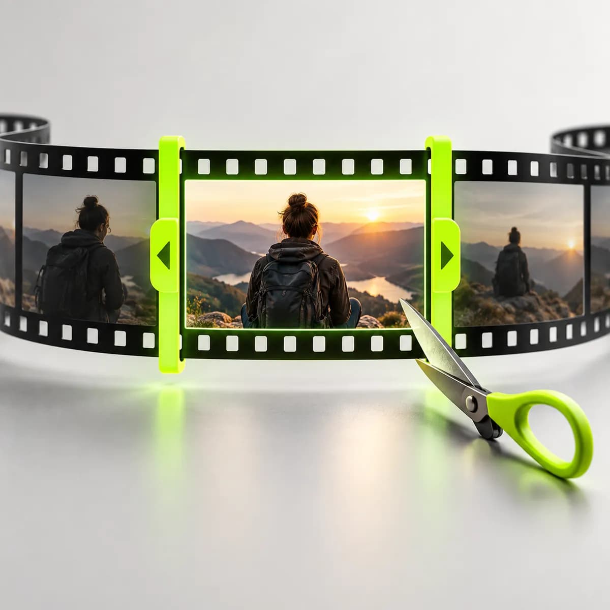 Film strip with highlighted trim handles representing Video Trimmer and Cutter
