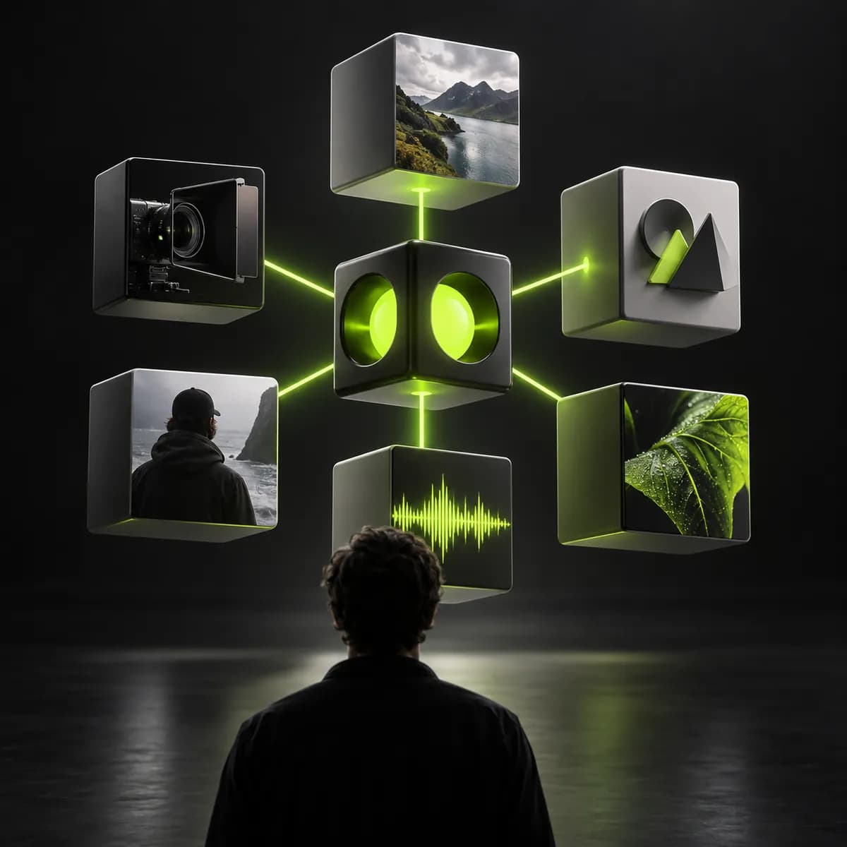 Abstract modular creative blocks representing Vidione MCP