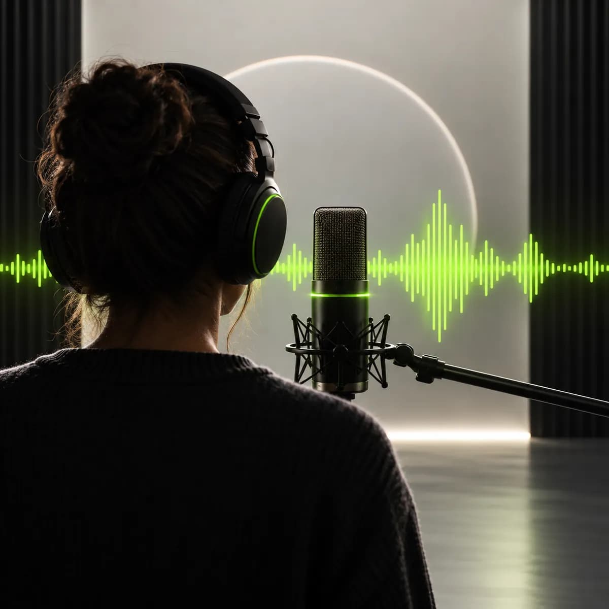 Speaker waveform crossing a cinematic frame representing Voice Dubber