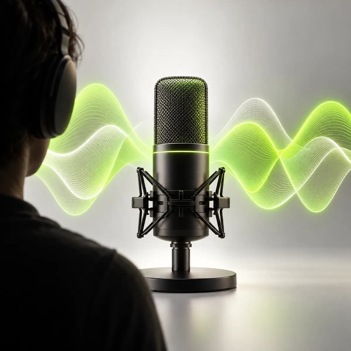 Studio microphone and layered waveform representing Voice Over Generator