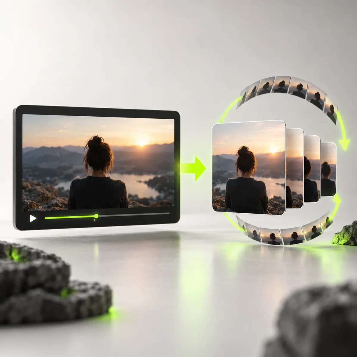 Film frame looping into a small animated card representing YouTube to GIF